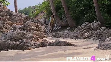 Sexy big tits Thai teen Kahlisa solo striptease on the beach for Playboy